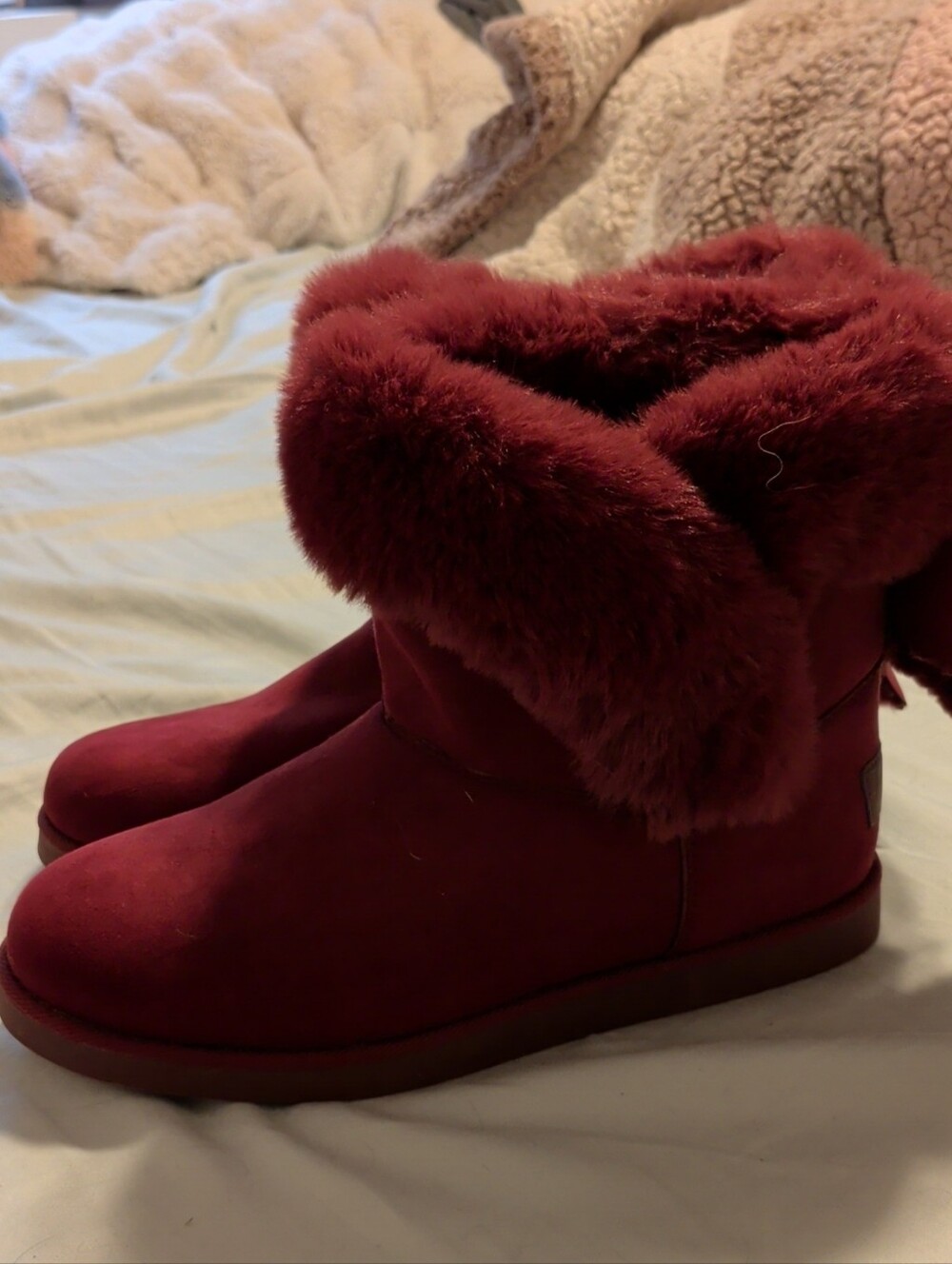 Juicy Couture Burgundy Faux-Fur Fold-Over Slipper Boots